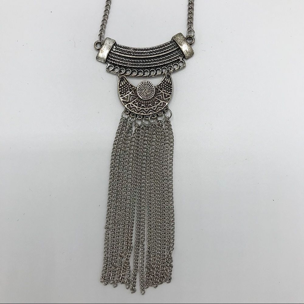 Western Silver tone Fringe Moon Metal Long Necklace Bohemian Southwestern - Picture 3 of 6